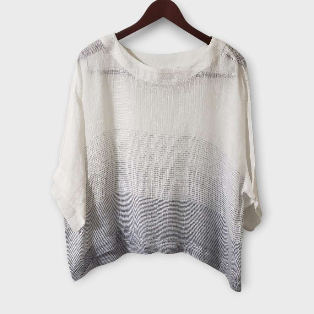 Pure Jill White Grey Ombre 100% Linen Open Knit Boxy Dolman Top Small Petite